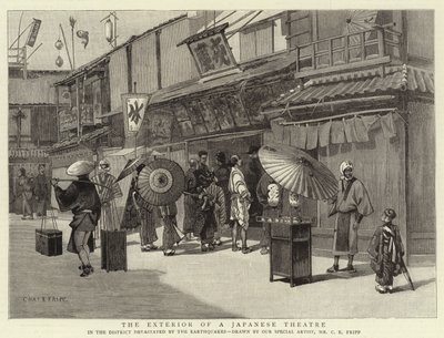 De buitenkant van een Japans theater door Charles Edwin Fripp